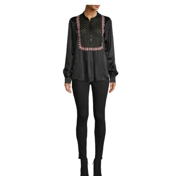 Sui by Anna Sui Black Blouse Silky with Lace and Embroider Details Large - Picture 3 of 16